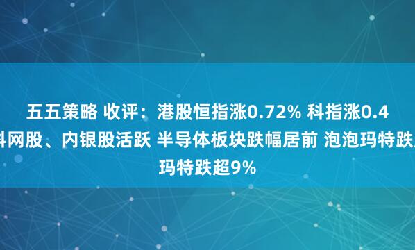 五五策略 收评：港股恒指涨0.72% 科指涨0.48% 科网股、内银股活跃 半导体板块跌幅居前 泡泡玛特跌超9%